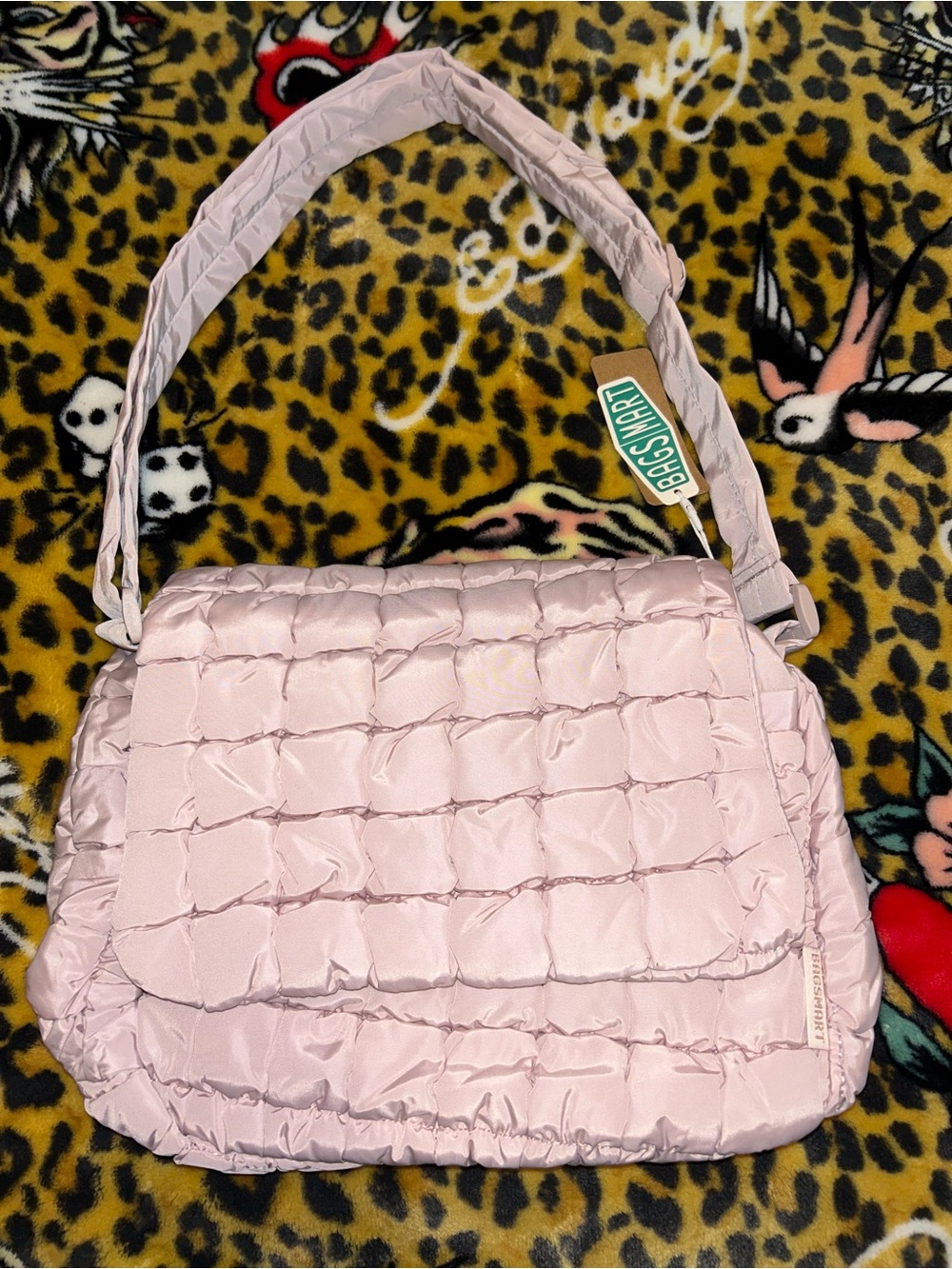 Quilted Light Pink Shoulder Bag with Padded Flap
